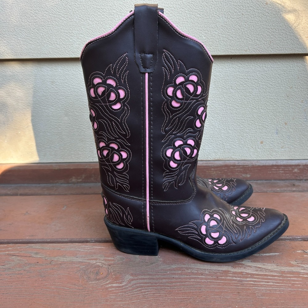 Old West Kids Western Cowboy Boots Brown Pink Rodeo Cut Out Flowers Size 2.5 - Picture 4 of 9